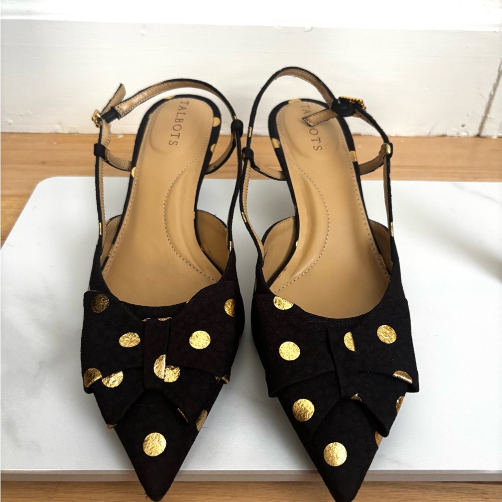 Talbots Black Pointed Slingback Kitten Heels with Gold Polka Dots